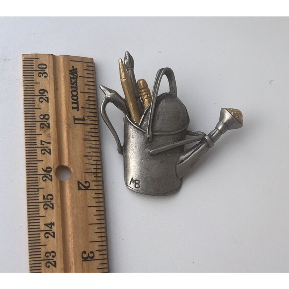 Vintage Pewter Brooch Pin Garden Water Can Paint Brushes Signed M. Basting 1999 - Picture 4 of 9